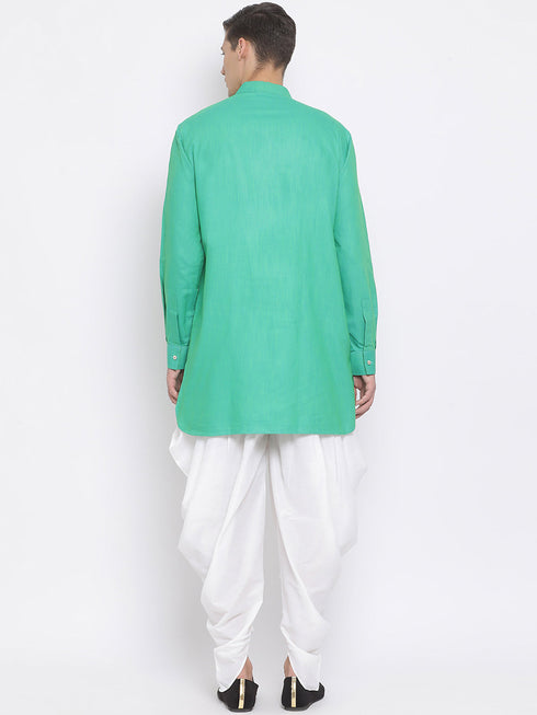 Vastramay Men's Green Cotton Blend Kurta and White Dhoti Set